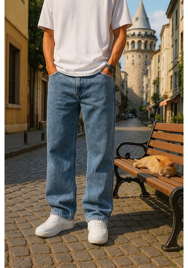 Baggy Mavi Renk Rahat Kesim Erkek Jeans Pantolon-1793 Mavi