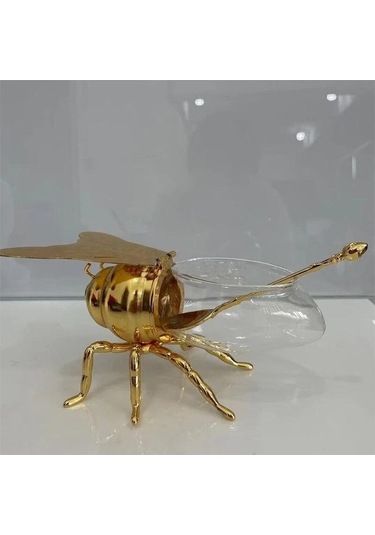 Pazly Altın Kaplı Gümüş Lüks Arı Bal Kavanozu - Şeffaf Cam Kavanoz - Mutfak Dekorasyonu İçin Bal, Baharat Saklama Kavanozu - Bal Kaşığı İle Gümüş