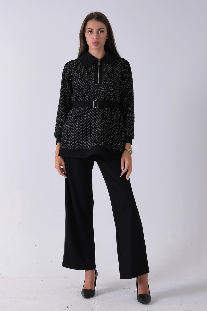 Feminist Siyah Tunik Yaka Fermuar Kapamalı File Detaylı Pantolonlu Takım 4577283.01 Siyah