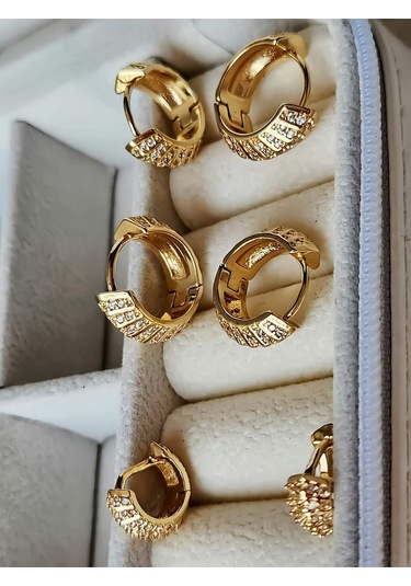 6'lı Oval Minimalist Hoop Zirkon Taşlı Altın Kaplama Gold Renk Küpe Seti Altın