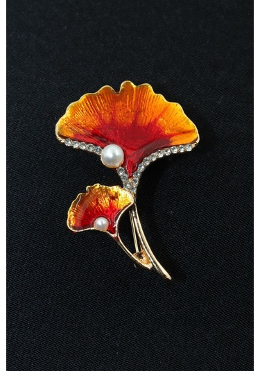 Ginkgo Yaprağı İncili Taşlı Broş. Yaka İğnesi Broş. Kadın Broş. Çiçek Broş. Ginkgo Broş. Gold Broş. Altın - Kırmızı