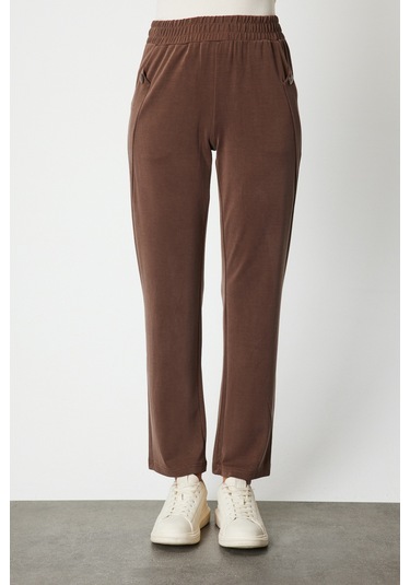 On Kadın Cebi Düğme Detaylı Eşofman Altı 66107 Kahverengi Kahverengi