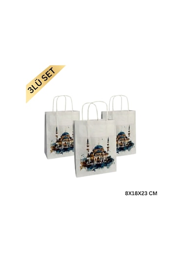 Ramazan Hediyelik Paketleme Çantası, 3lü Paket, Cami Tasarımlı Be