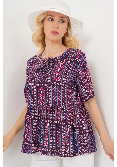 Kadın Desenli Kısa Kol Bluz 969 - Bordo bordo