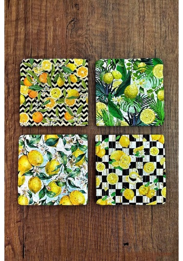 Doğaltaş Bardak Altlığı 4'lü Set - 10x10x1cm Limon Desenler Baskılı - Stone Coasters Çok Renkli
