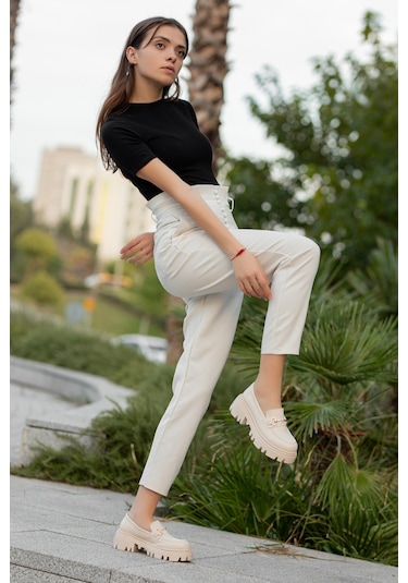 Garantili D124 Kadın Kalın Taban Zincirli Loafer Günlük Ayakkabı Bej