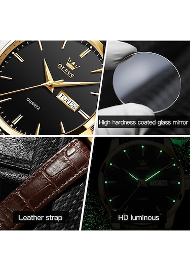 Olevs 6898 Erkekler Moda Su Geçirmez Çift Takvim Kuvars İzle Siyah