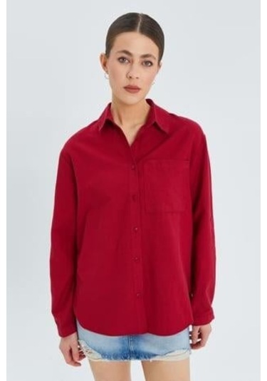 9942 Kadın Oxford Uzun Kol Basic Gömlek Bordo Bordo