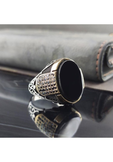 Mikro Taşlı Siyah Oniks Gümüş Erkek Yüzük Gyzgmsogumu