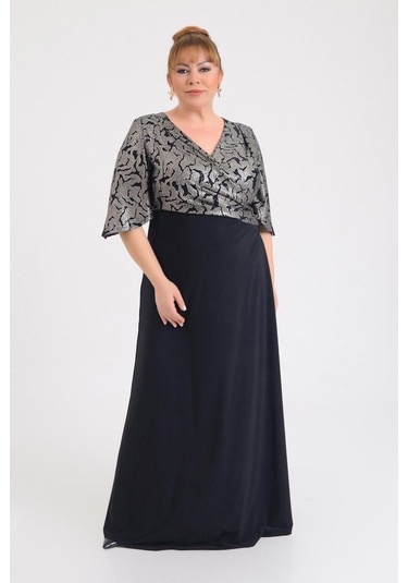 Lilas Xxl Kadın Büyük Beden Kruvaze Yaka Kısa Kollu Uzun Abiye Elbise 9670 Siyah Siyah