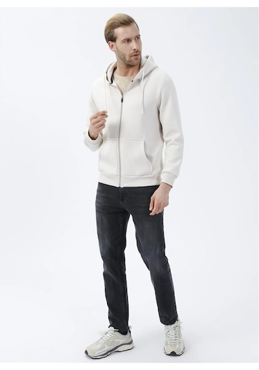 Süvari Kapüşonlu Fermuarlı Yaka Regular Kalıp Düz Ekru Sweatshirt Ekru