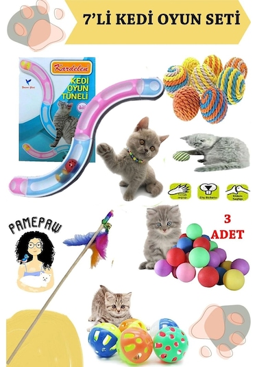 7'li Set : Kedi Oyun Tüneli, Sarma Top , Olta , 3'lü Mini Top , Çıngıraklı Top