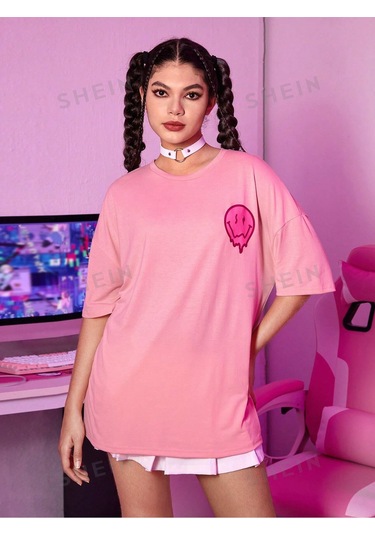 T-shirt - Baskılı Oversize Bisiklet Yaka Kısa Kol Pembe Tişört Pembe