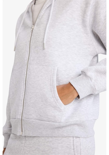 Defacto - Relax Fit Kapüşonlu Basıc Kalın Fermuarlı Sweatshirt C1809AX26SP Gri