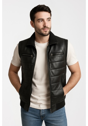Derije Max Hakiki Deri Erkek Siyah Triko Detaylı Şişme Yelek