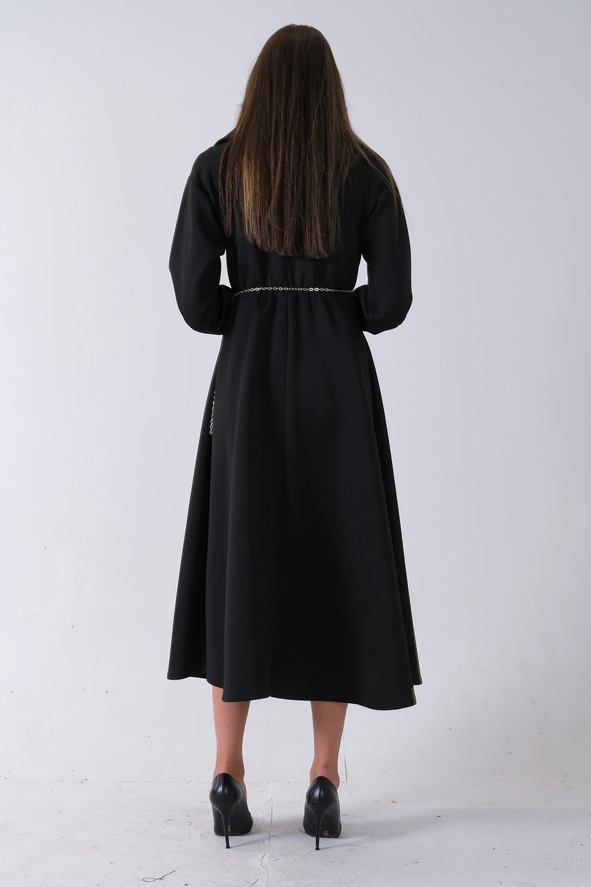 Feminist Siyah Yaka Fermuar Detaylı Bel Ve Bileği Lastikli Kemerli Scuba Elbise 4593455.01 Siyah