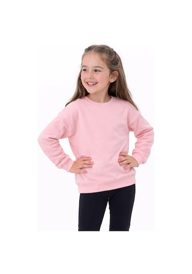 Kız Çocuk Basic Düz Pudra Renk Fırçalı %100 Pamuk Sweatshirt Pudra