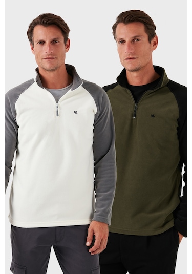 Buratti Slim Fit Yarım Fermuarlı Kışlık Şardonlu 2'Li Paket Erkek Polar 5906055S2 Ekru-Haki