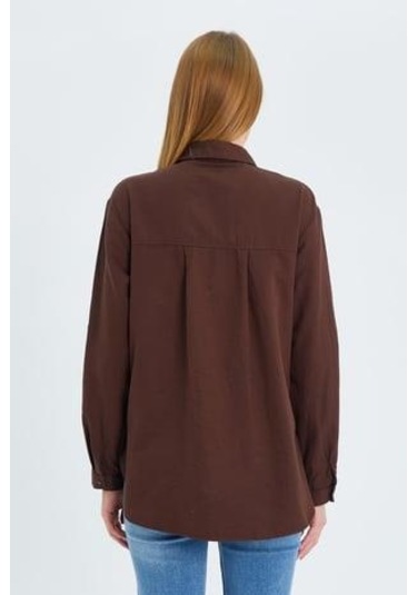 9942 Kadın Oxford Uzun Kol Basic Gömlek Kahve Kahve