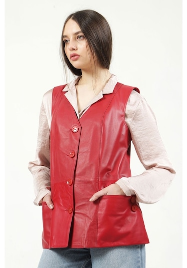 Dericlub Yb-2017 Gerçek Deri Kadın Yelek Kırmızı