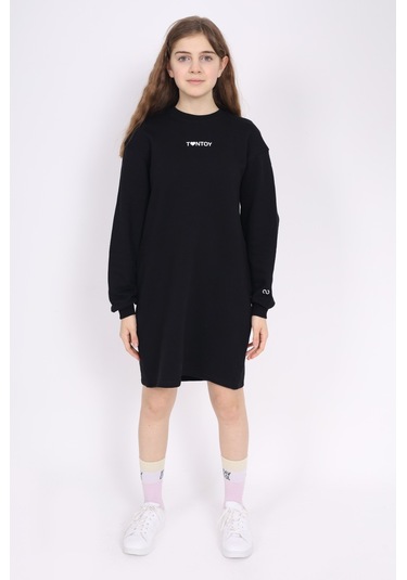 Kız Çocuk Baskılı Oversize Bisiklet Yaka Uzun Kollu Elbise - Siyah