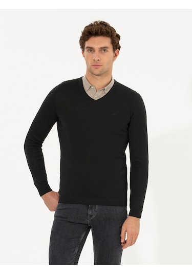 Cacharel Siyah Slim Fit V Yaka Basic Triko Kazak