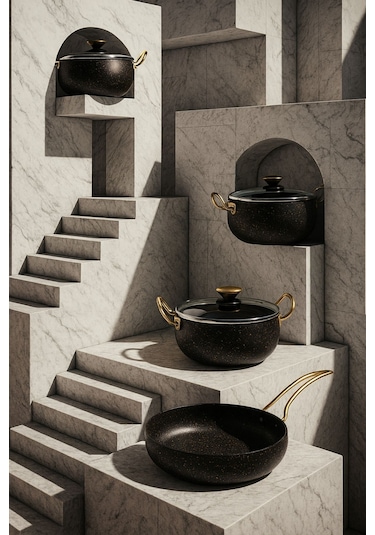 7 Parça Granada Granit Tencere Ve Tava Seti 20 Cm 2.5l, 24 Cm 4.5l, 26 Cm Basık 3l, 26 Cm Tava Gri