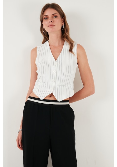 Lela Streç Fitted Fit V Yaka Düğmeli Bayan Yelek 5865971 Beyaz-Siyah
