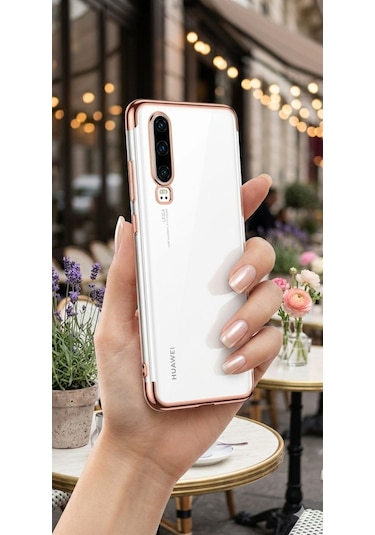 Huawei P30 Kılıf Dört Köşeli Lazer Silikon Kılıf Rose Gold