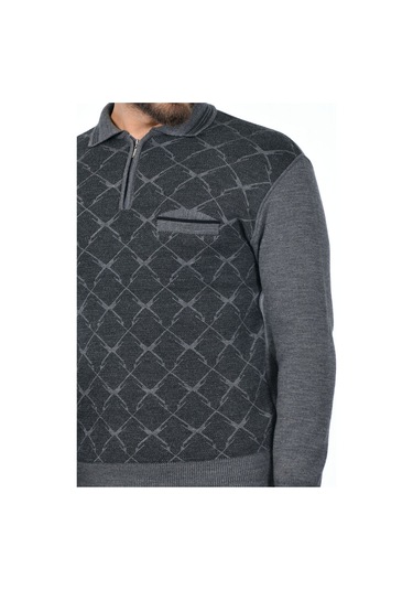 Kamalı Erkek Çelik Örgü Gömlek Yaka Cepli Fermuarlı Polo Yakalı Tüylenmeyen Triko Kışlık Baba Kazak Gri