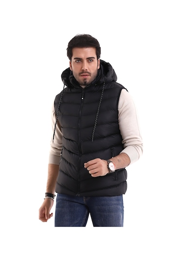 Everest Jel Dolgu Çıkartılabilen Fermuarlı Kapüşonlu Erkek Şişme Yelek Siyah