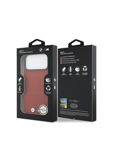 İphone 17 Pro Max Uyumlu Kılıf Bmw Lisanslı M-safeli Metal Logo Delikli M Dizayn Deri Kapak Kırmızı Kirmizi