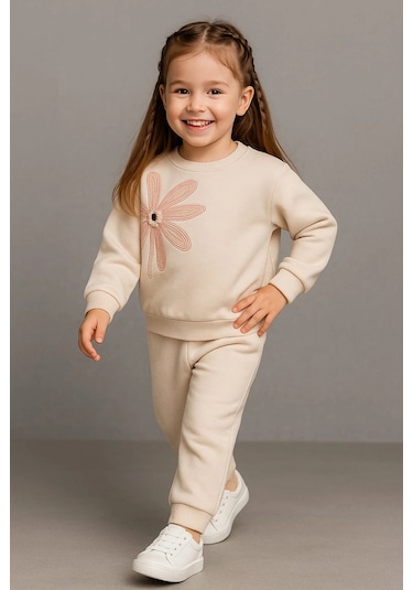 Büyük Çiçek Nakışlı %100 Pamuk 2 Li Çocuk Eşofman Takımı Bej