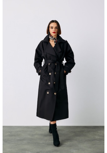 Sateen Kuşaklı Uzun Trenç - Siyah-135230 Siyah