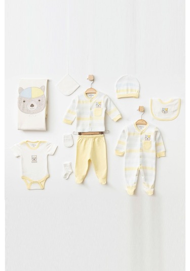 Kulaklı Ayı Desenli 10'lu Bebek Hastane Çıkışı Zıbın Seti Sarı