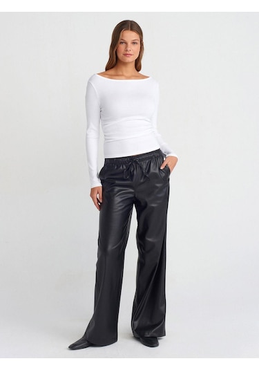 Dilvin 31401 Büzgülü Kayık Yaka Top-beyaz-870 Beyaz