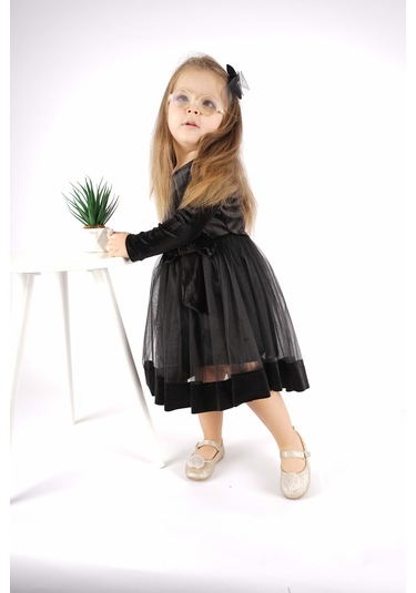 Kız Çocuk Yılbaşı Temalı Fiyonklu Eteği Tül Uzun Kol Elbise Siyah