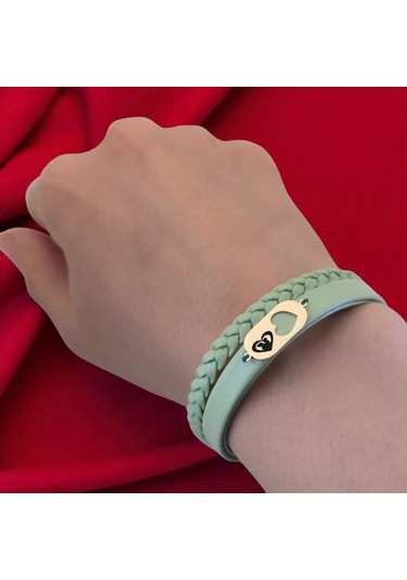 Archin Anne Sevgisi Temalı Kalp Motifli 14 Ayar Altın Plakalı Doğal Yeşil Derili Hediye Bileklik-556sembol Anne Sevgisi Temalı