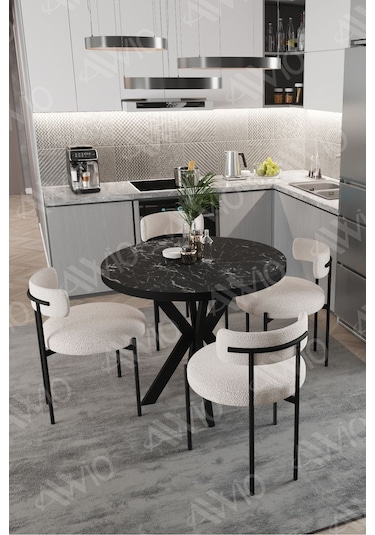 Avvio Lonya Teddy Sandalye 90x90 Yuvarlak Yemek Masası Mutfak Masası 4 Kişilik Masa Sandalye Takımı Siyah Mermer