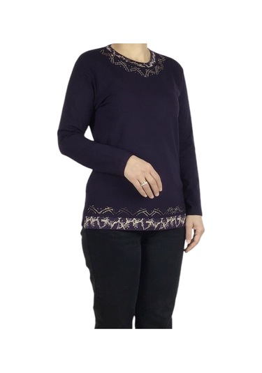 Kadın Yaka Ve Etek Desenli Taşlı Likralı Bluz-arpbattal2 Mor