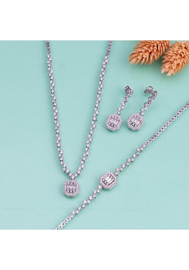 Gümüş Pazarım Pırlanta Montür Sıralı Tek Taş Rodyum Kaplama Baget Gümüş Düğün Seti Gümüş