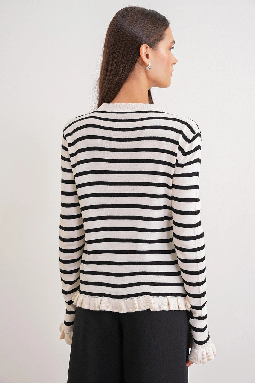 6965 Kadın Fırfır Detaylı Çizgili Triko Hırka Naturel Naturel