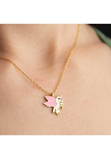 925 Ayar Gümüş Gold Kanatlı At Kadın Kolye