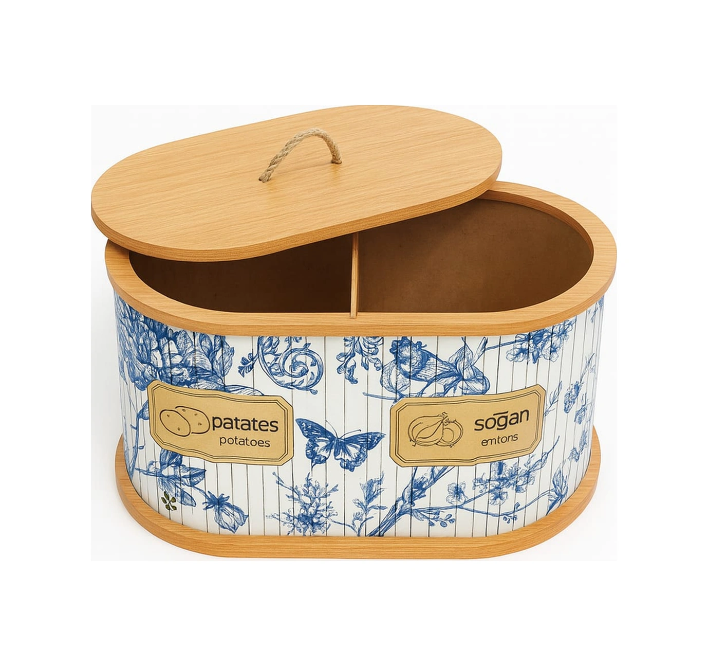 Dekorasyaa 2 Bölmeli Patates Soğanlık - Bambu - Oval Mavi Desen Beyaz - Mavi