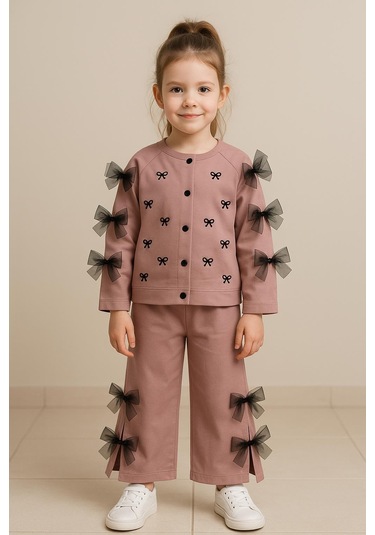 Kız Çocuk Gül Kurusu Fiyonklu İkili Takım Uzun Kollu Üst Ve Pantolon 2575 Gülkurusu