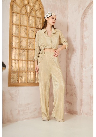 Kadın Pliseli Beli Lastikli Pantolon Tunik Gömlek Ikili Bürümcük Salaş Takım 3573300 Sarı