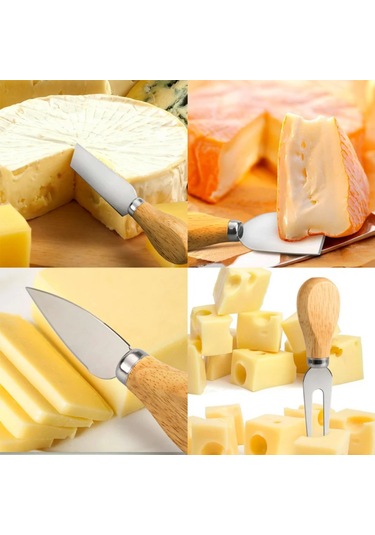4 Parça Bambu Saplı Peynir Bıçak Çatal Spatula Seti, Sunum Seti