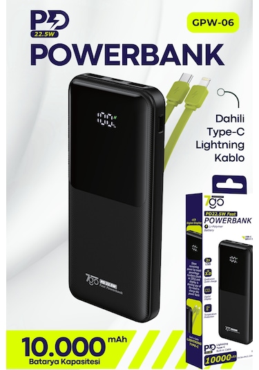 7go Gpw-06 10000mah Pd22.5w Hızlı Şarj Powerbank Siyah Dahili Type-c & Lightning Kablo Dijital E Siyah
