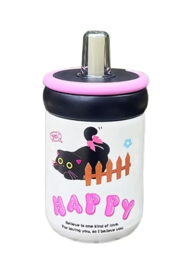 Sızdırmaz 500ml Yalıtımlı Su Bardağı Karikatür Siyah Kedi Termos Mat Siyah