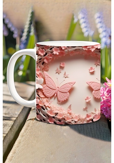 3d Görünümlü Pembe Çiçek Ve Kelebekler No:17 3d Tasarım Baskılı Kupa Bardak Mug MAvi